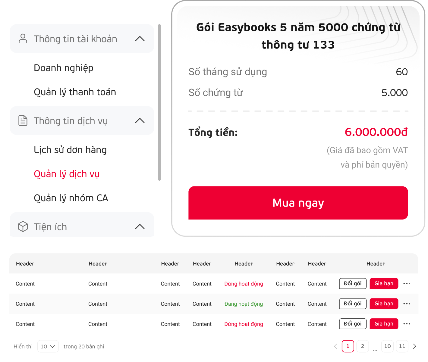 Billing plans, prices and lists components mockup