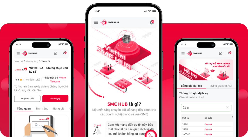 Redesigned smartphones mockup showcasing SMEHub dashboard interface on red background panel